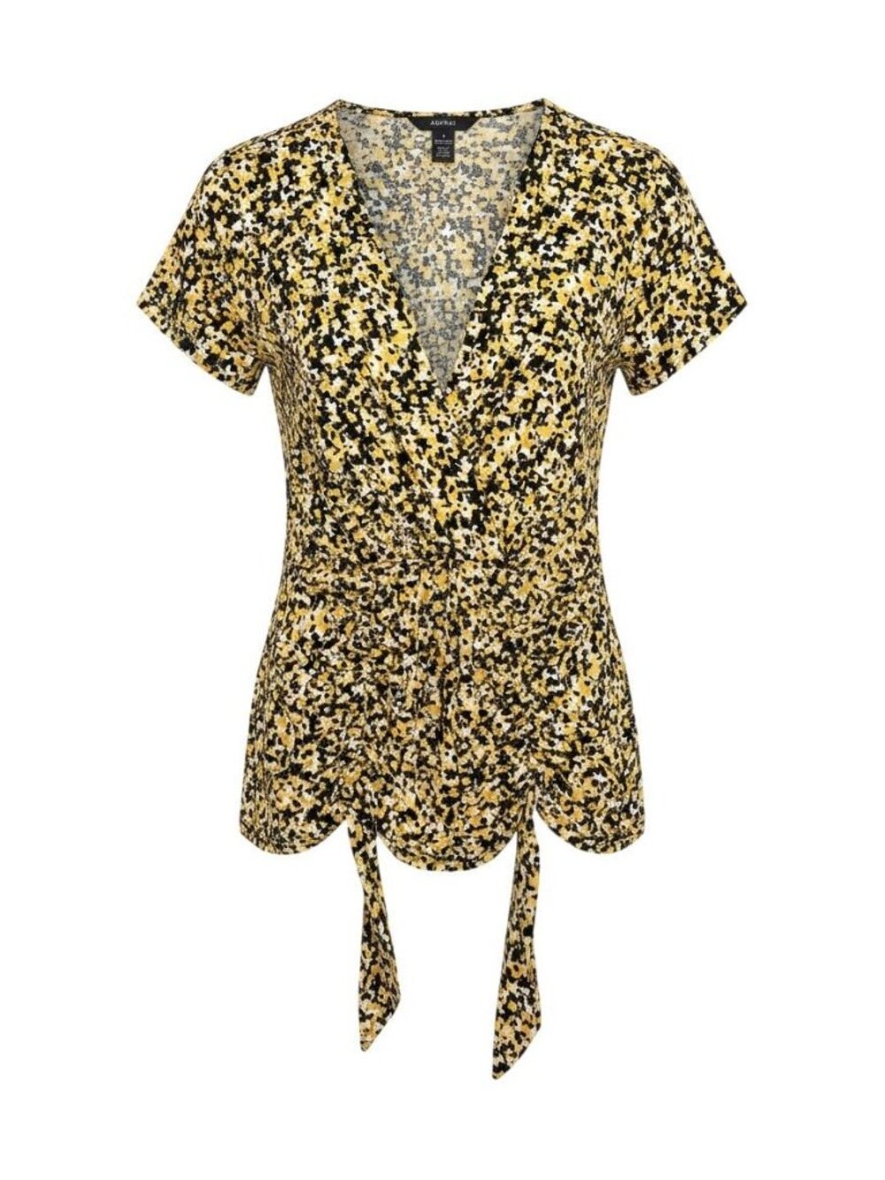 Alfani Womens Yellow & Black Abstract Print Wrap Top Short Sleeve V-Neck Size M